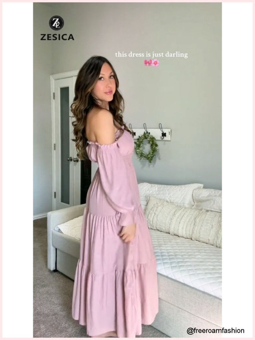 Off Shoulder Maxi Dress with Puff Sleeves and Side Split - Flowy A-Line, High - Picture 6 of 6